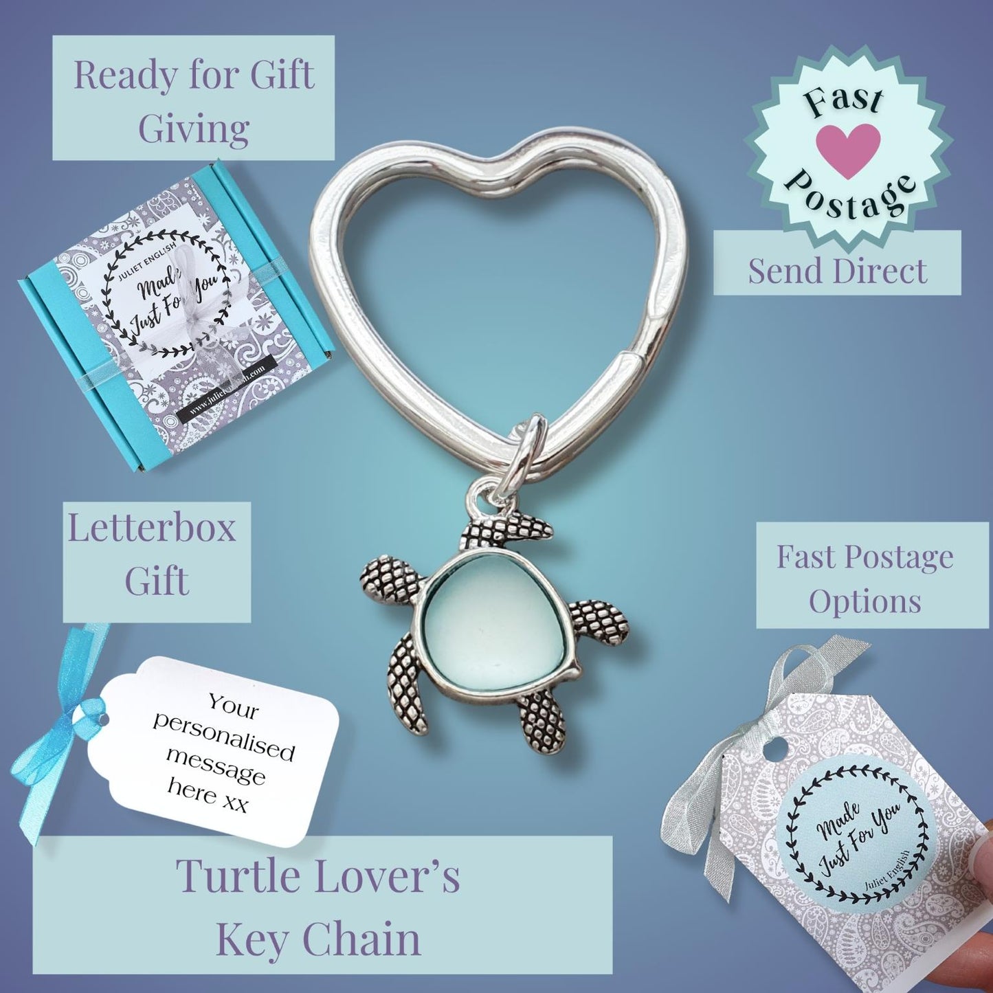 A silver turtle lover's keychain with a heart-shaped clasp is displayed on a blue gradient background with various gift packaging options and text labels such as 'Ready for Gift Giving', 'Letterbox Gift', 'Turtle Lover's Key Chain', and 'Fast Postage'.