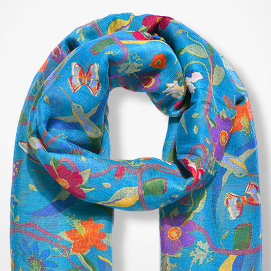 Chintz Bird Print Floral Scarf - Blue