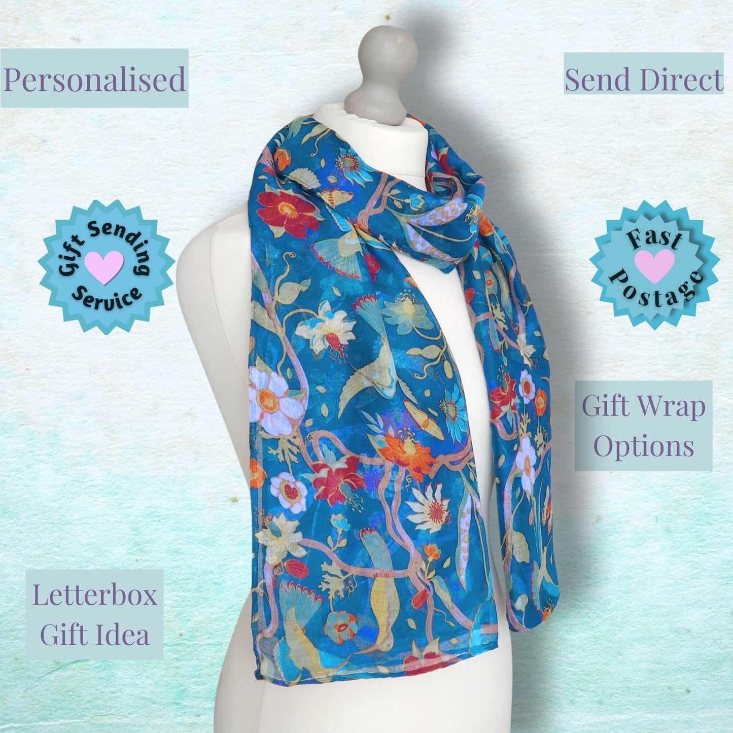 Chintz Bird Print Floral Scarf - Blue