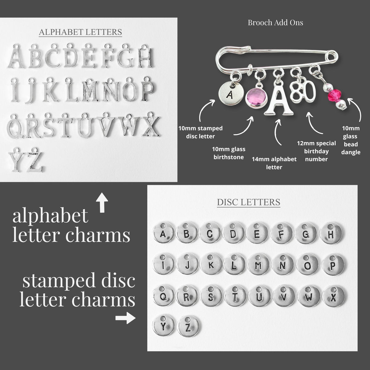 A product collage showing silver alphabet letter charms and disc letters for brooch making, with labeled diagrams and sample arrangements on a dark gray background.