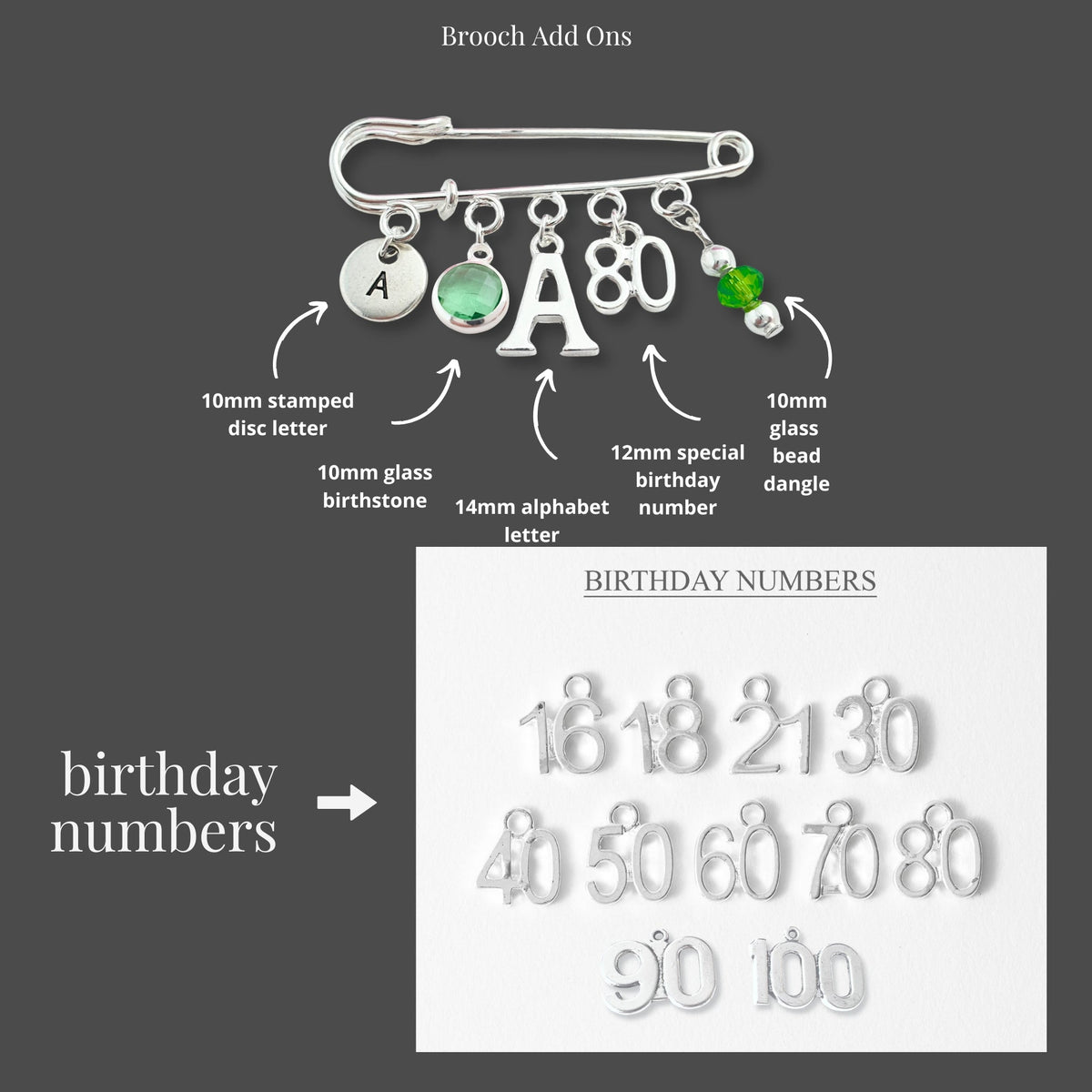 Brooch add-on set for jewelry making, featuring a silver safety pin brooch with various letter and number charms, plus a separate birthday numbers sheet, shown on a dark gray background with text labels.