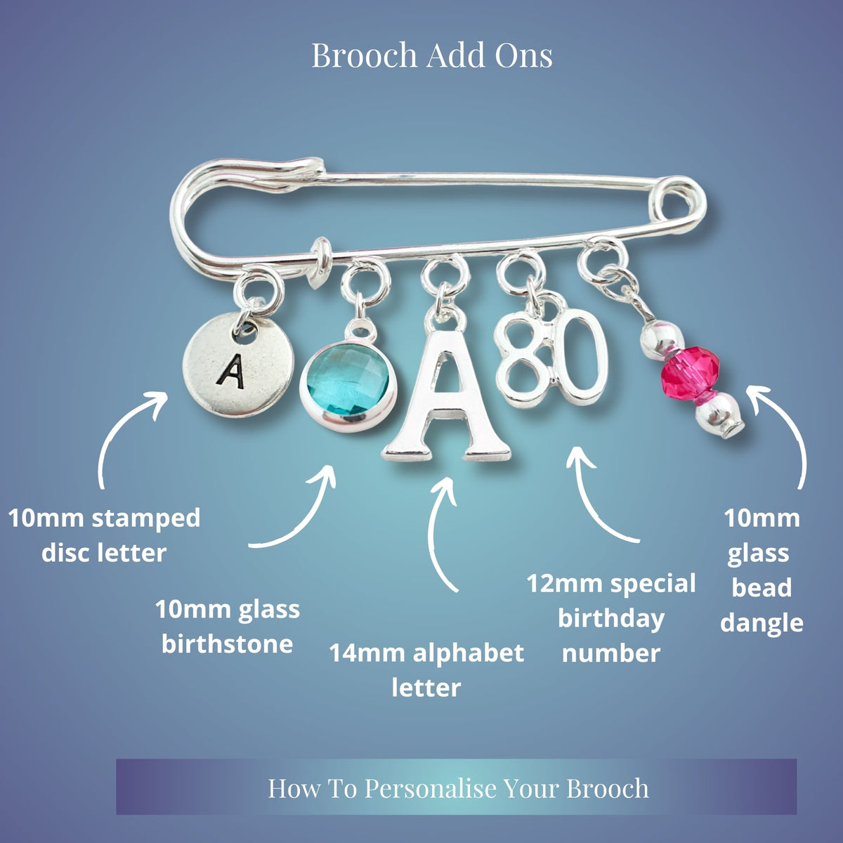 Silver brooch safety pin with personalized charms including a stamped disc letter, glass birthstone, alphabet letter, special number, and glass bead dangle, shown on a blue gradient background with text labels explaining each charm.