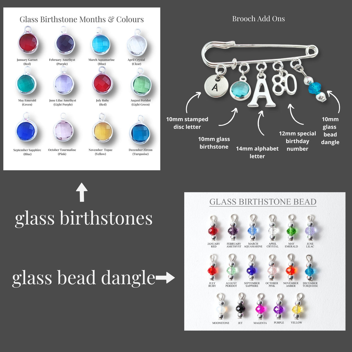 A product information collage on a dark gray background showing a brooch with glass birthstone charms, a chart of glass birthstone months and colors, and a chart of glass bead dangles.