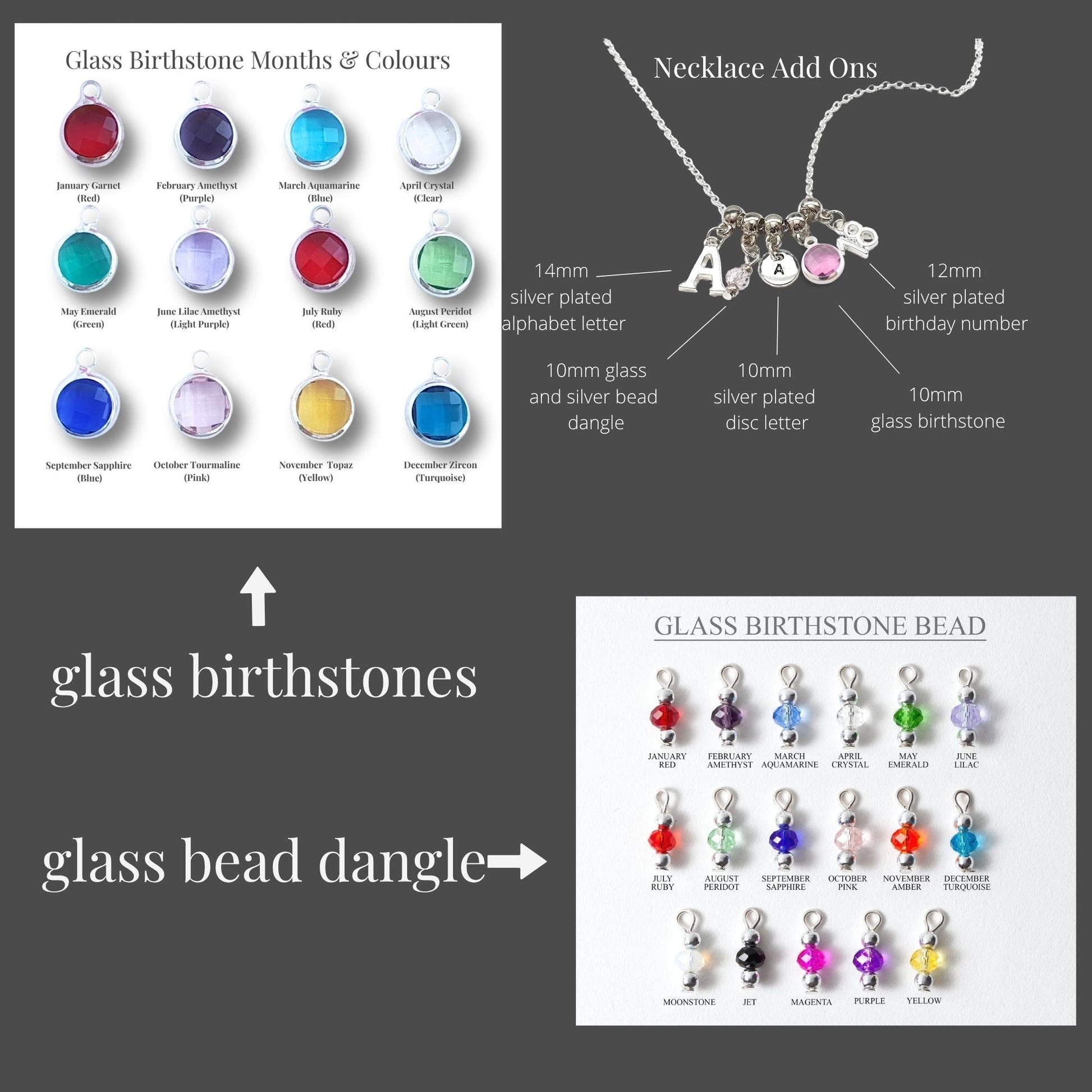 Collection of glass birthstone beads and necklace add-ons with color chart on a gray background.