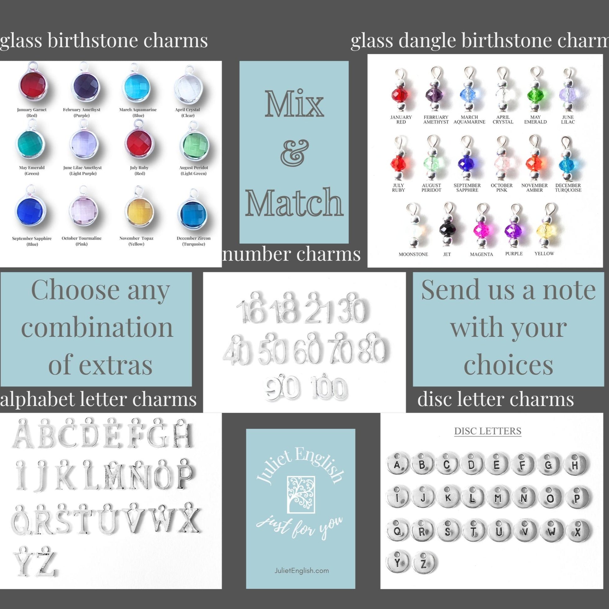 Collection of glass birthstone, dangle, number, letter, and disc letter charms on a gray background.