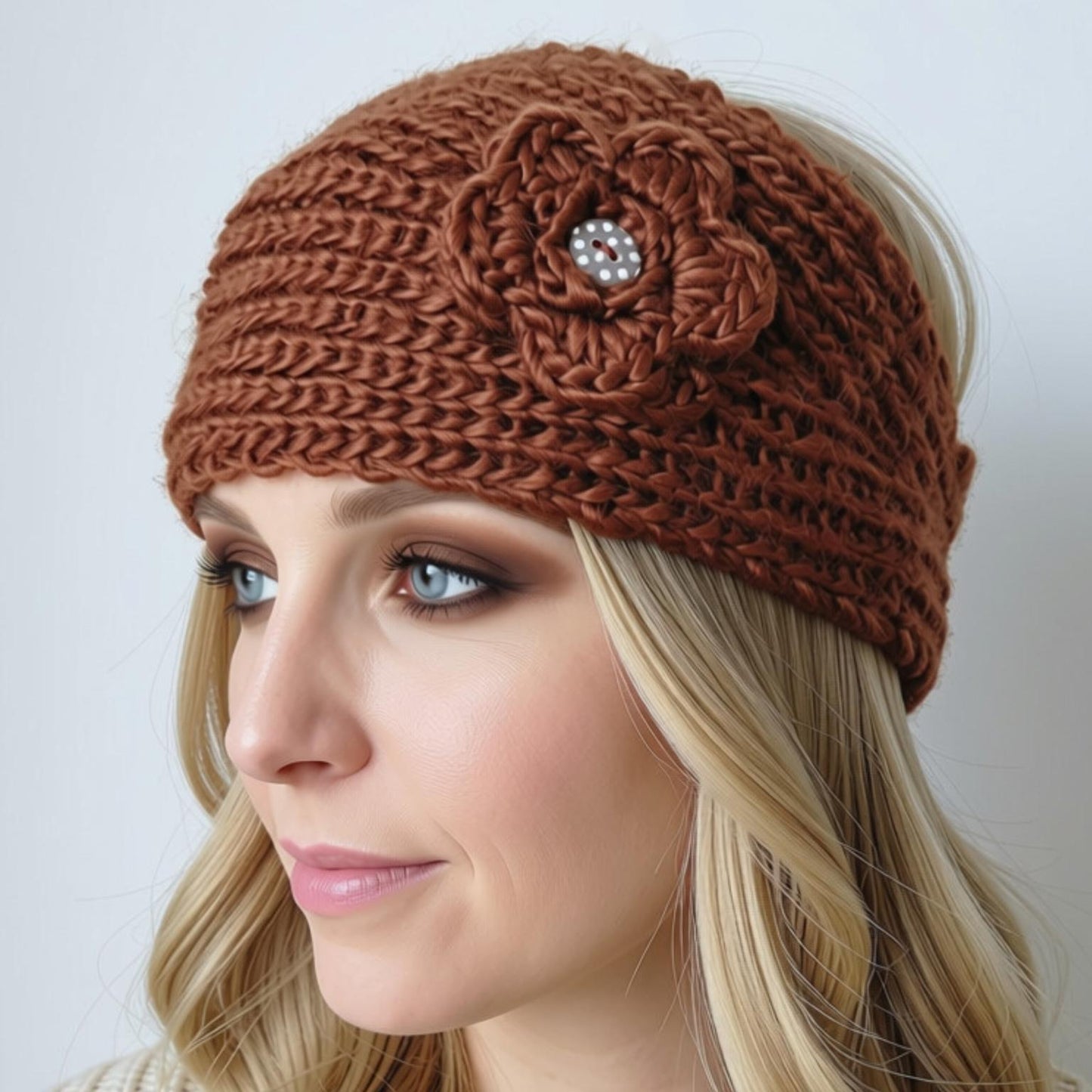 A woman wearing a brown chunky knit headband with a large flower applique and a dotty button center, shown in a close-up side profile against a light gray background.