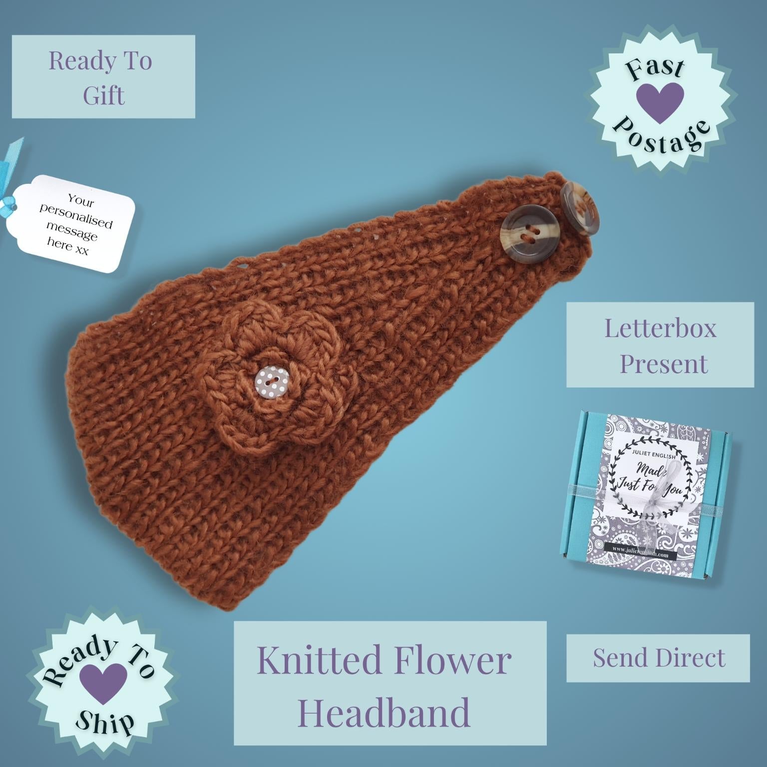 A brown knitted headband with a matching knitted flower detail and a dotty button, displayed on a light blue background with promotional text and postage/letterbox presentation graphics.