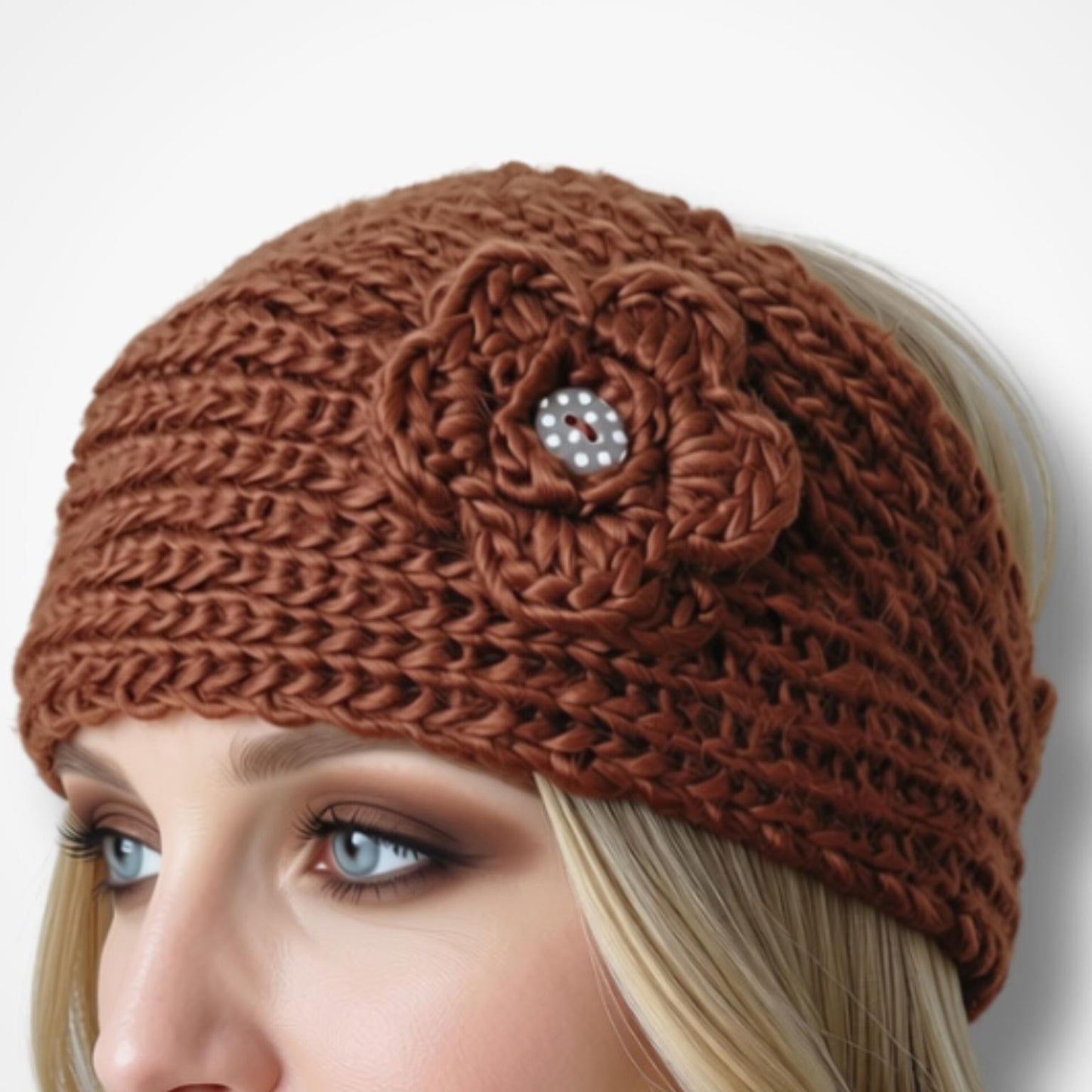 A close-up of a woman wearing a brown chunky knit headband with a large flower applique and a button center, shown against a plain light gray background.