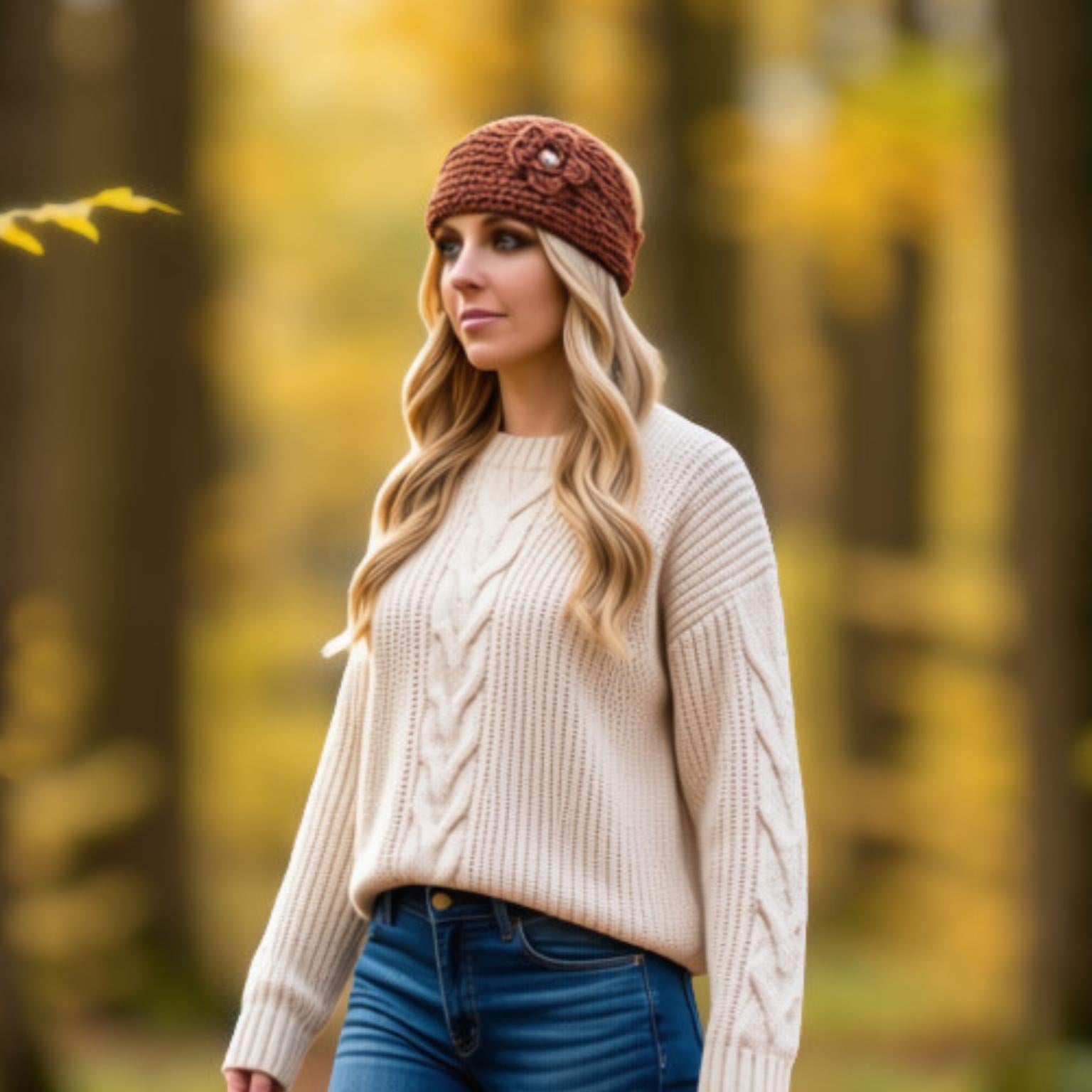 A woman standing in a blurred autumn forest wearing a cream cable-knit sweater, blue jeans, and a brown knit headband with a small flower detail.