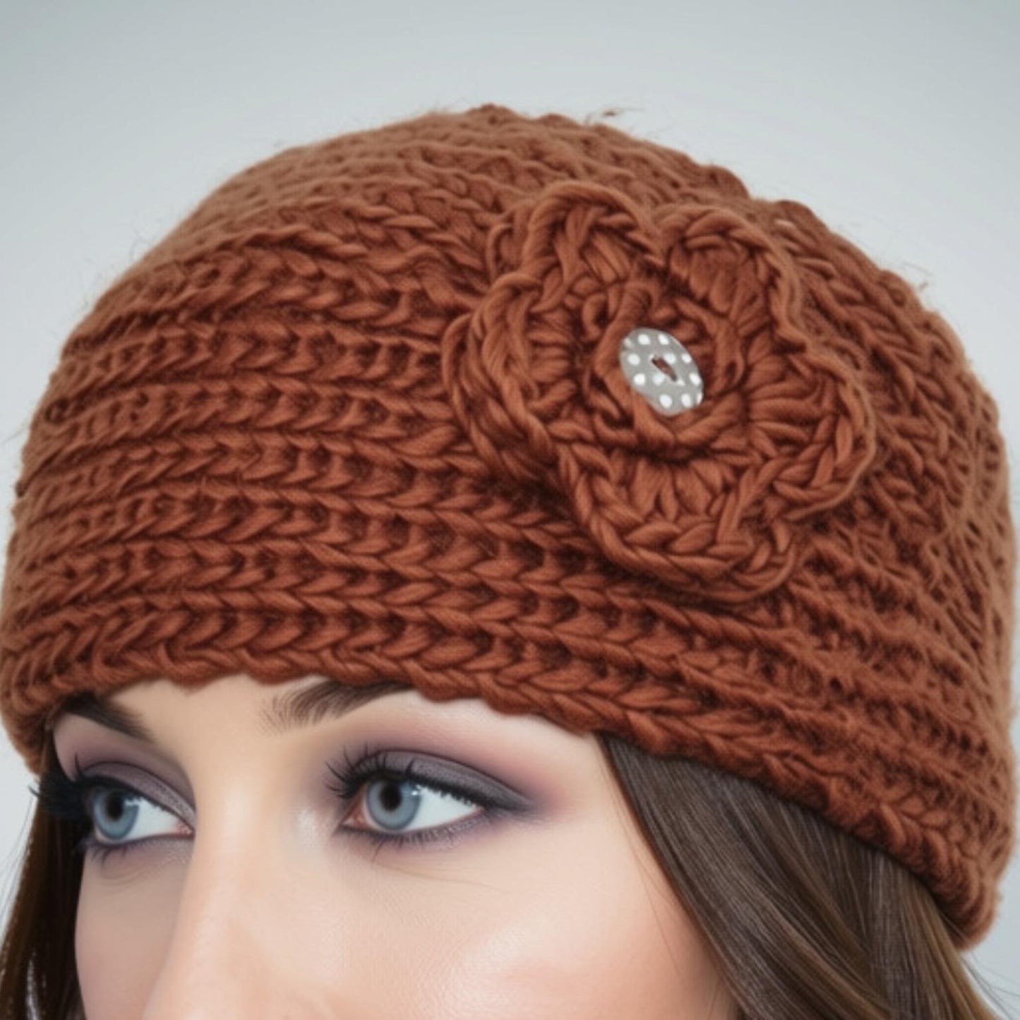 A close-up of a woman wearing a chunky brown knit beanie with a large decorative flower applique and a button-embellished center, against a plain light gray background.