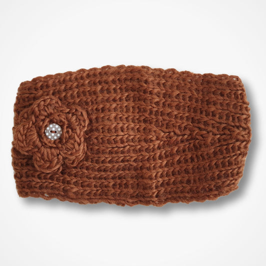 Knitted Flower Headband - Brown