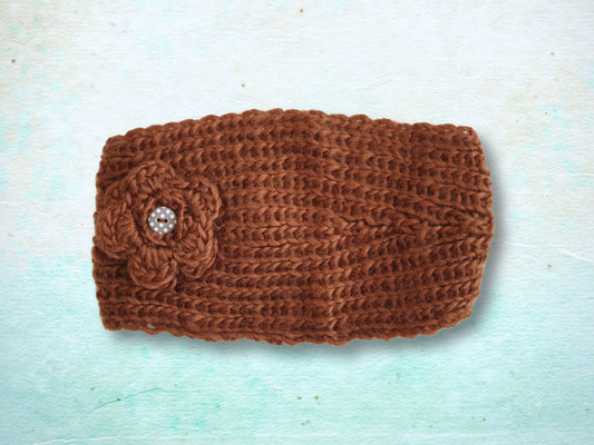 Knitted Flower Headband - Brown