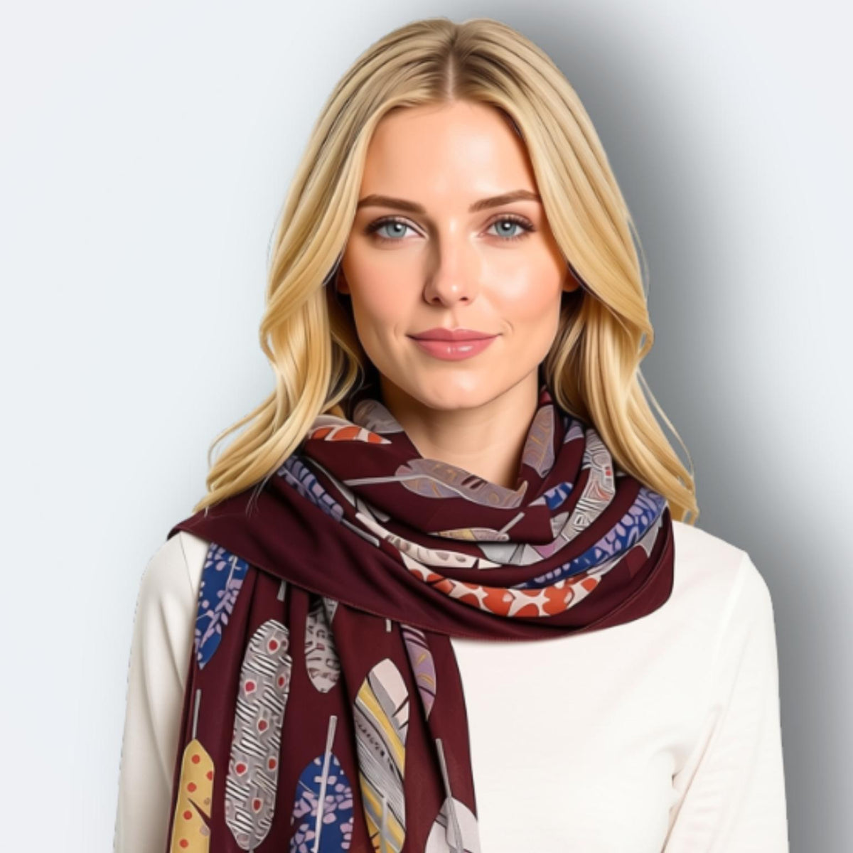 A blonde woman wearing a patterned scarf with a deep burgundy base and feather motifs in blue, white, and yellow, paired with a white top against a light gray background.