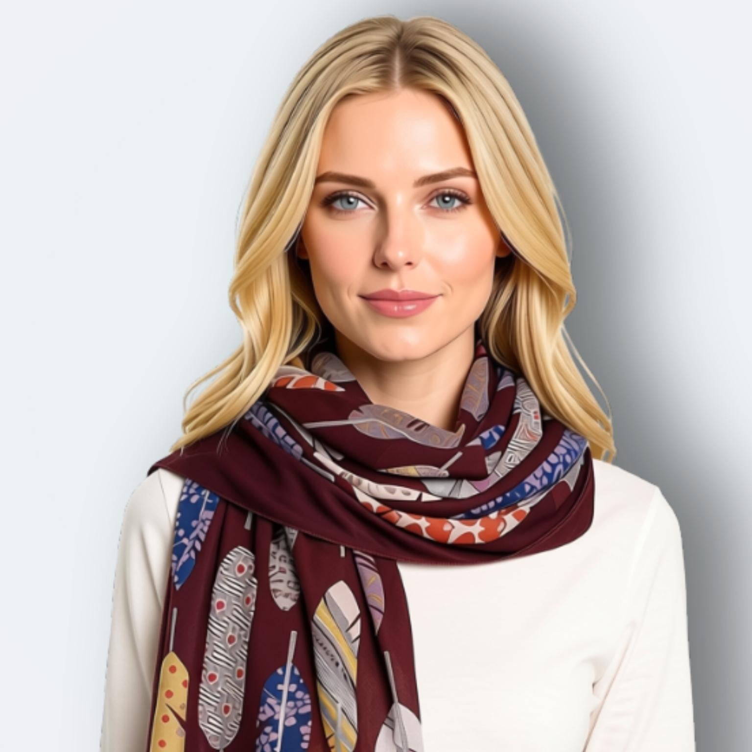 A blonde woman wearing a patterned scarf with a deep burgundy base and feather motifs in blue, white, and yellow, paired with a white top against a light gray background.