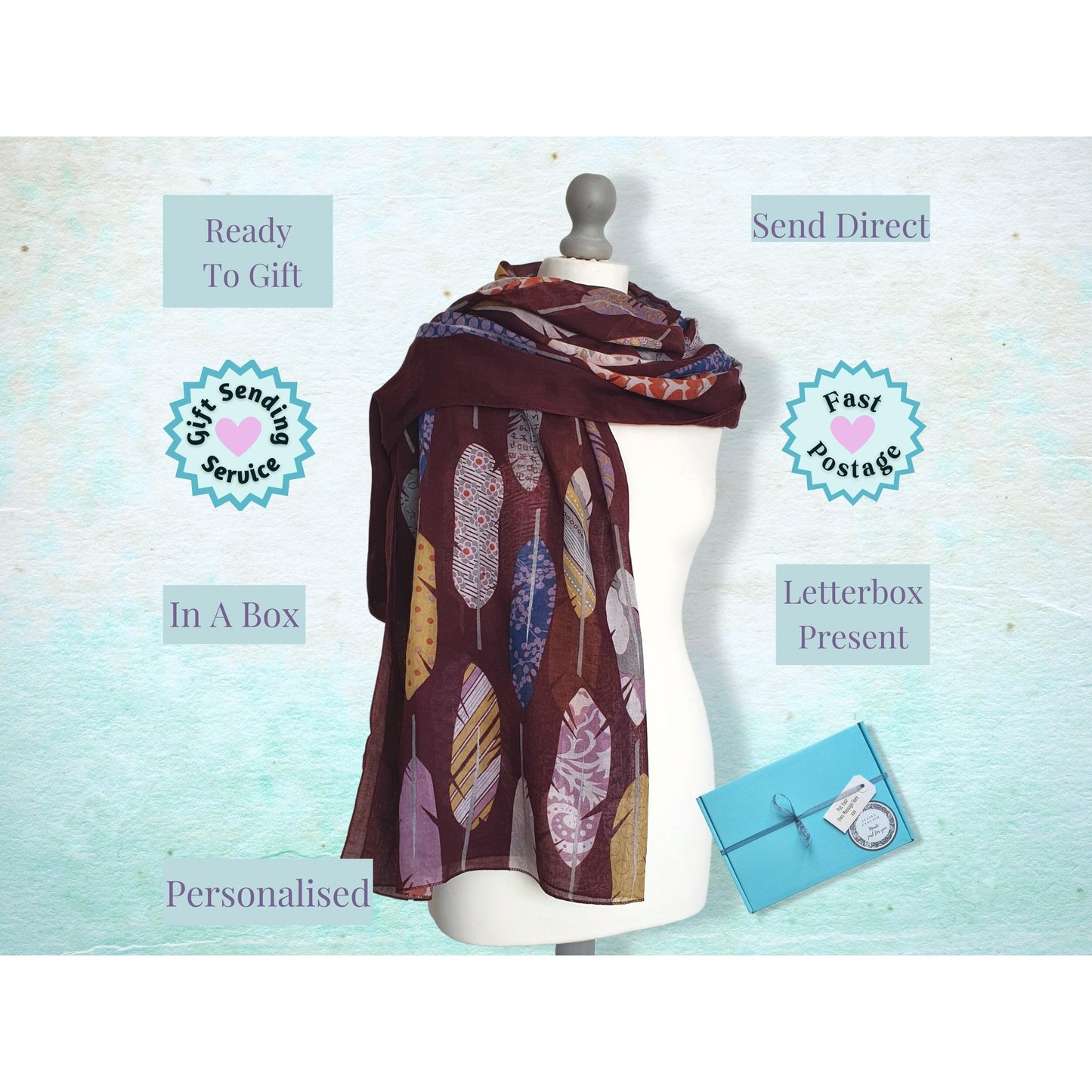 Feather Print Scarf - Maroon