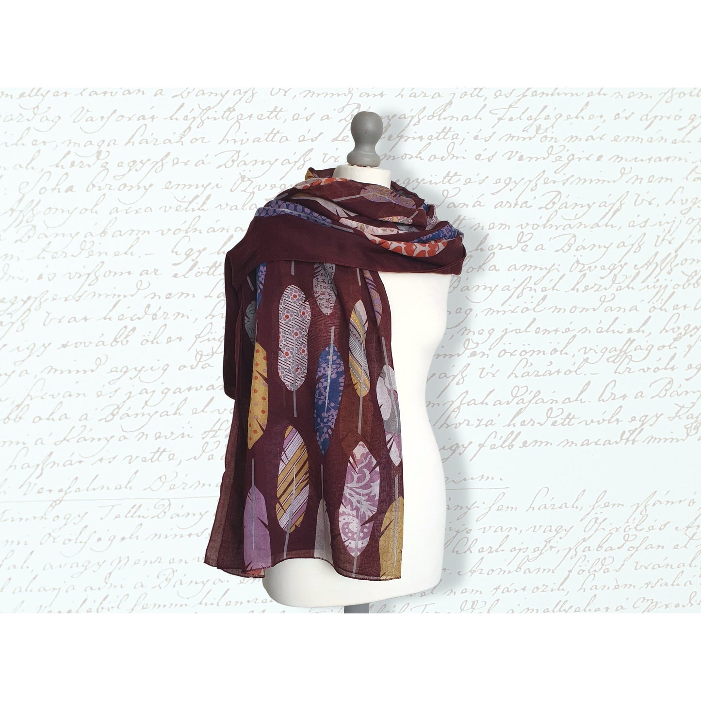 Feather Print Scarf - Maroon