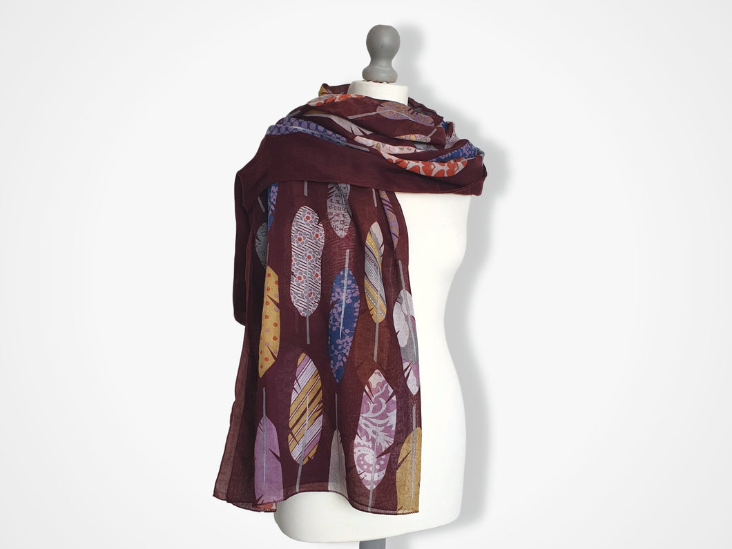 Feather Print Scarf - Maroon