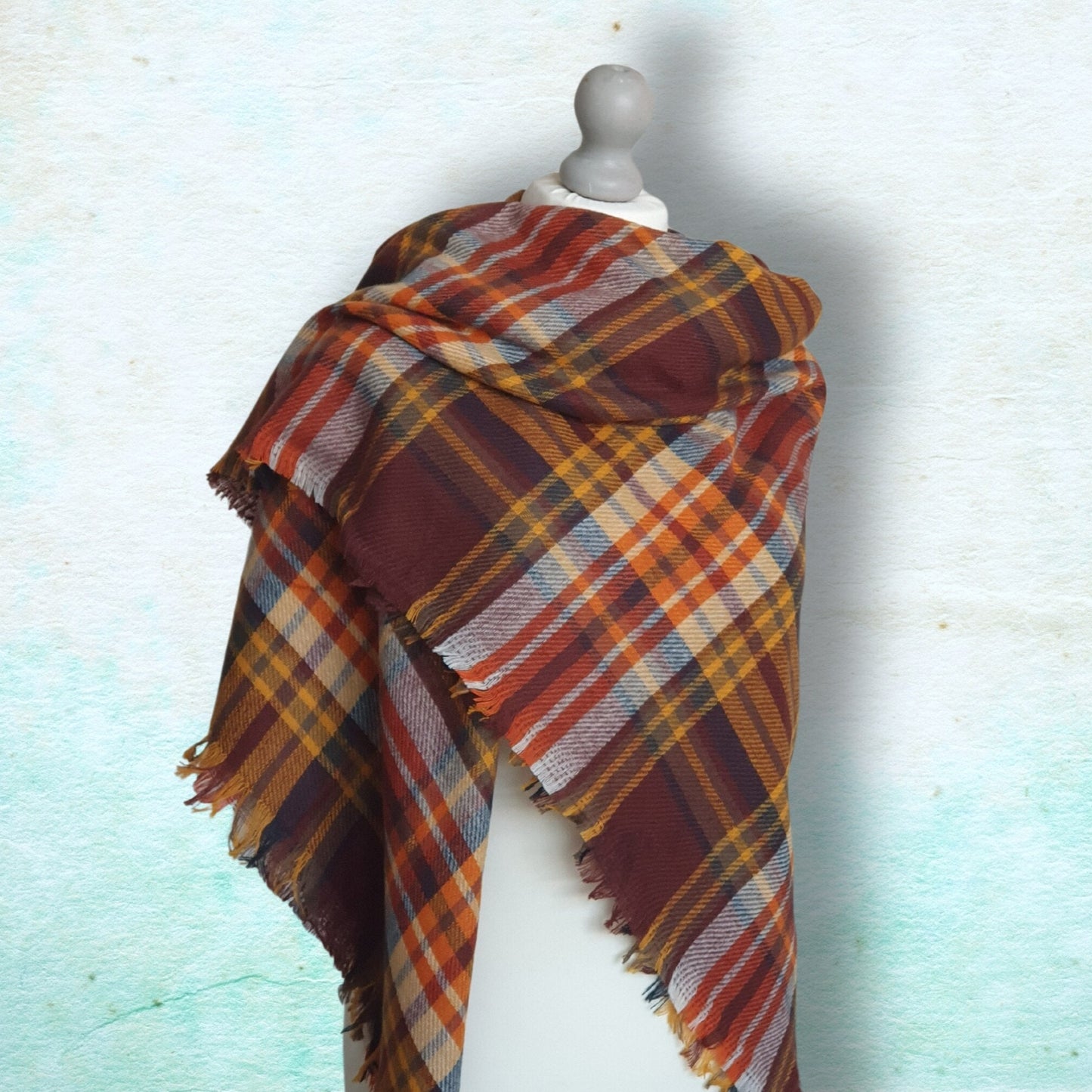 Plaid Blanket Scarf - Burgundy, Orange and Yellow