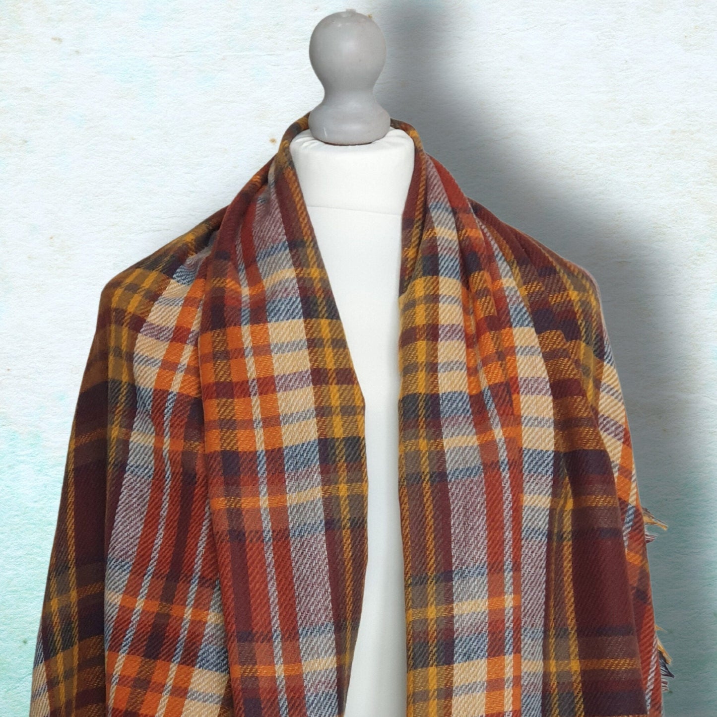 Plaid Blanket Scarf - Burgundy, Orange and Yellow