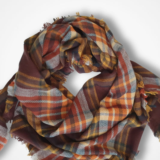 Plaid Blanket Scarf - Burgundy, Orange and Yellow