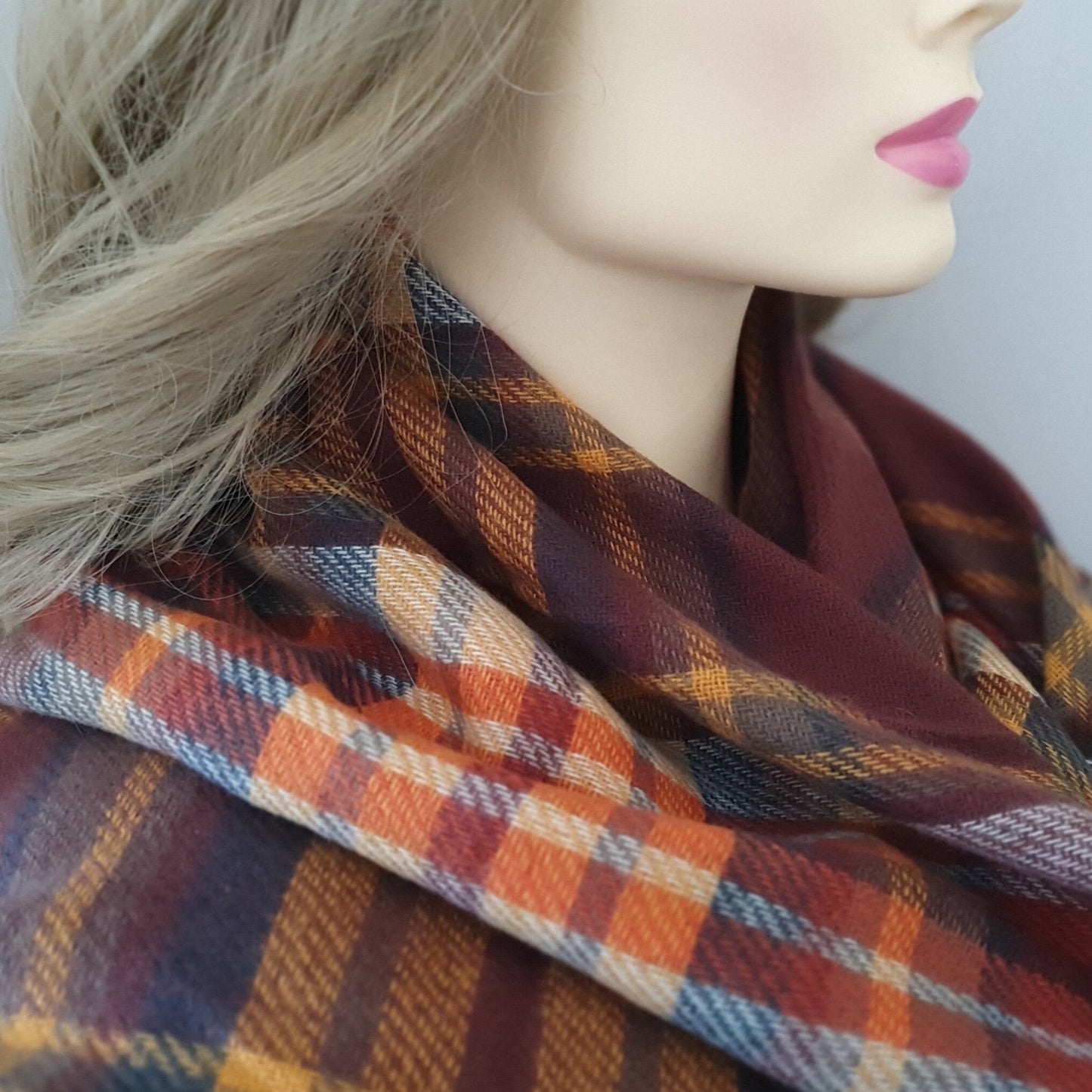 Plaid Blanket Scarf - Burgundy, Orange and Yellow