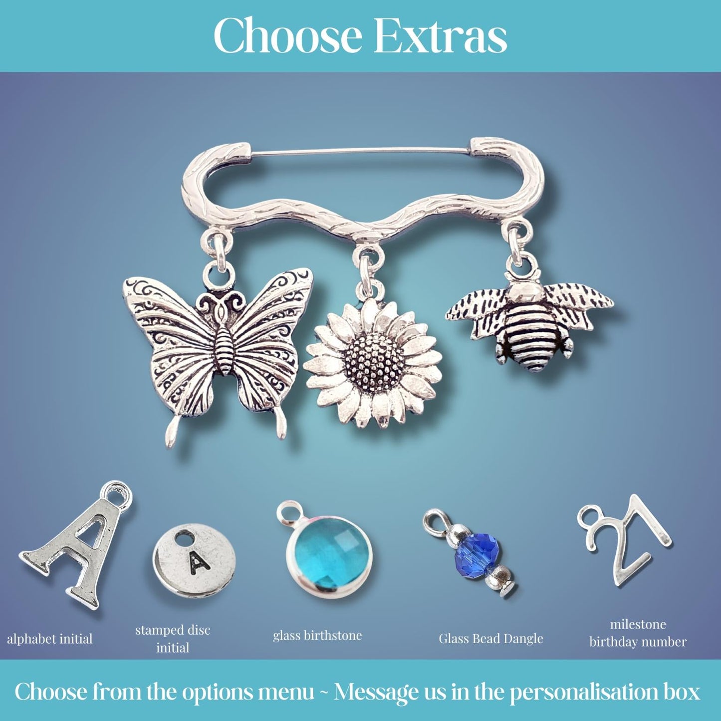 Butterfly, Sunflower and Bee Brooch - Silver