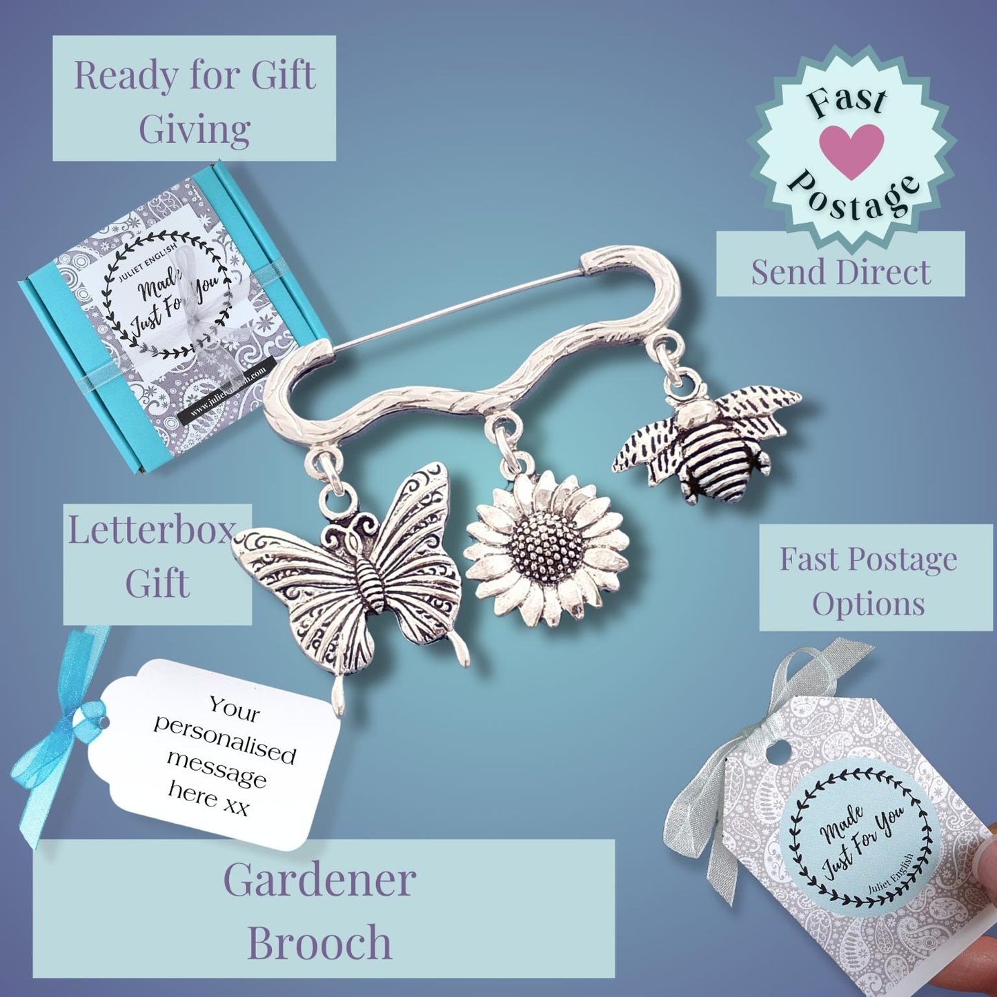 Gardener brooch with butterfly, sunflower, and bee charms on a blue background