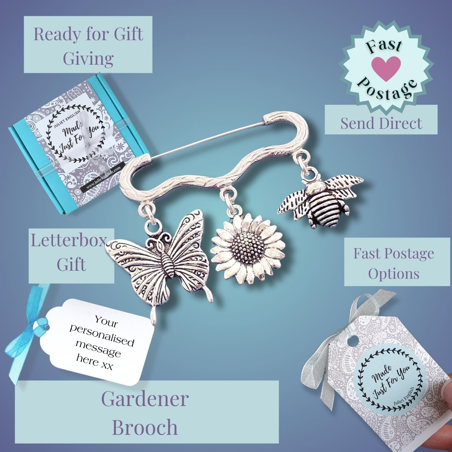 Gardener brooch with butterfly, sunflower, and bee charms on a blue background