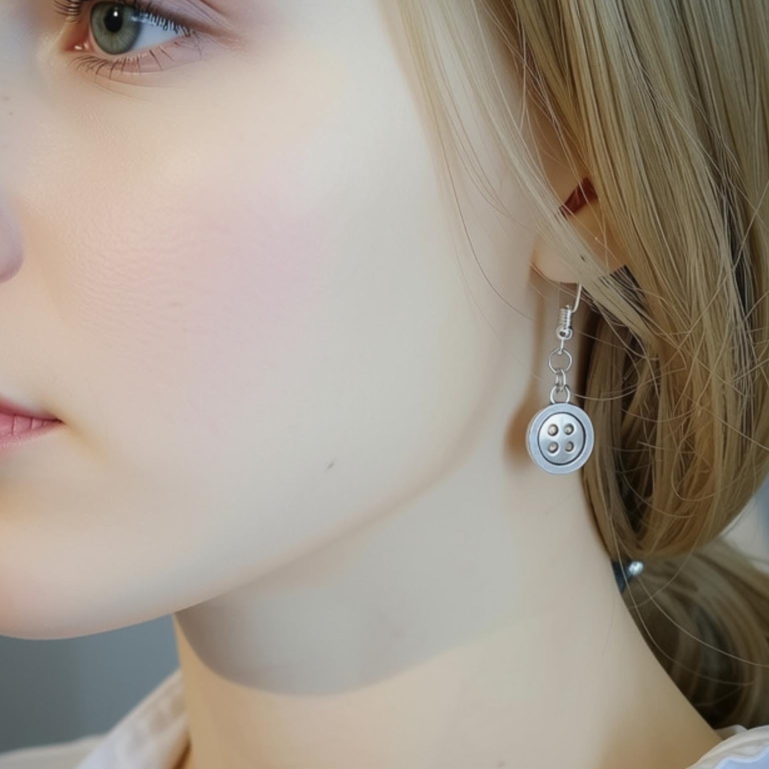 A close-up of a woman's ear wearing a silver button dangle earring. The earring features a round silver button charm with four buttonholes, suspended from a delicate silver wire hook.