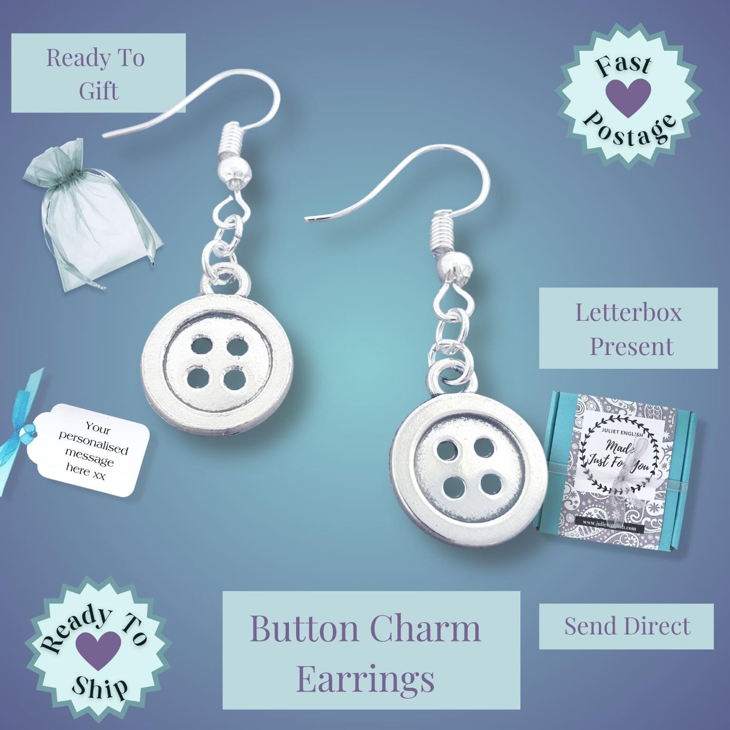 Two silver button charm earrings displayed on a blue gradient background with shipping and gift presentation labels, including 'Ready To Gift', 'Fast Postage', 'Letterbox Present', 'Ready To Ship', and 'Send Direct'.