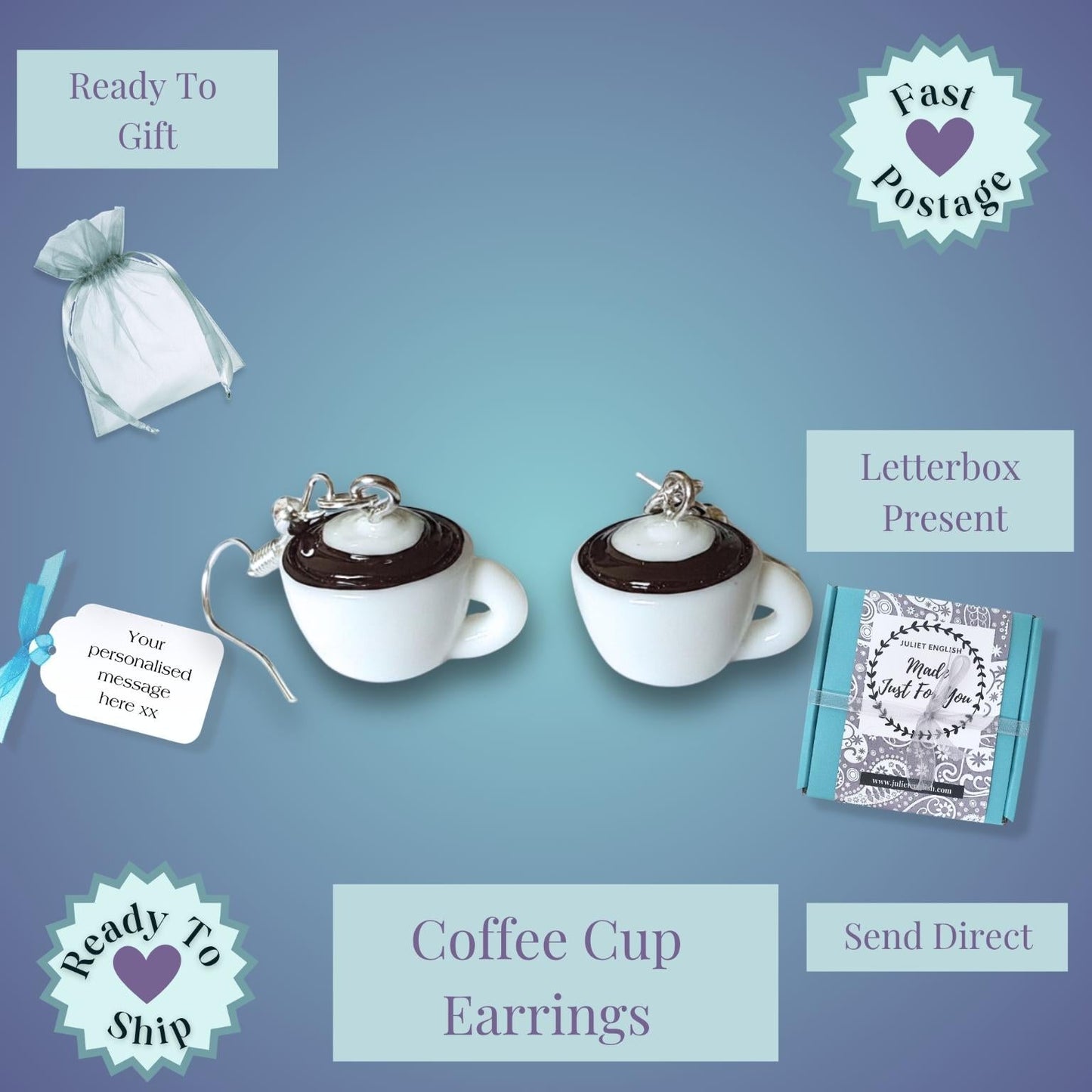 Coffee cup earrings with packaging and promotional text on a blue background