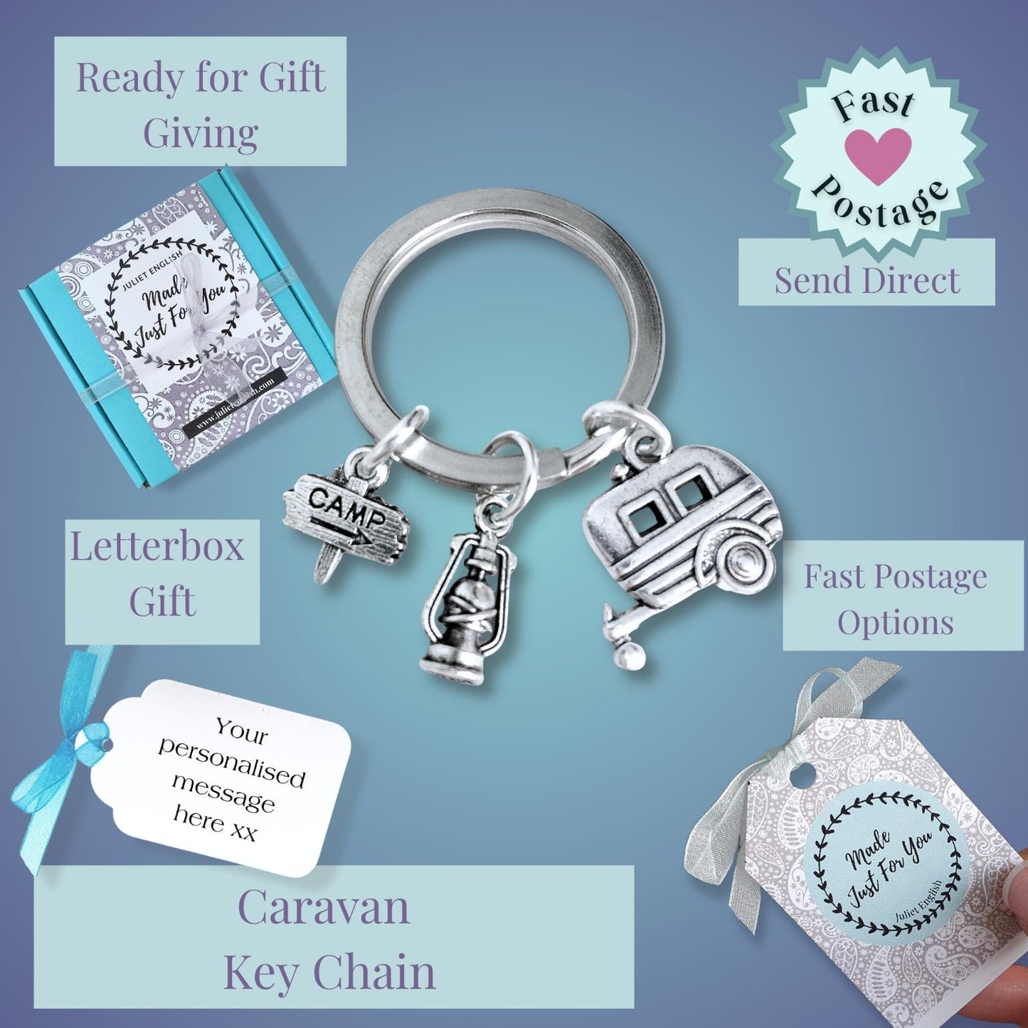 Caravan keychain with charms on a blue background