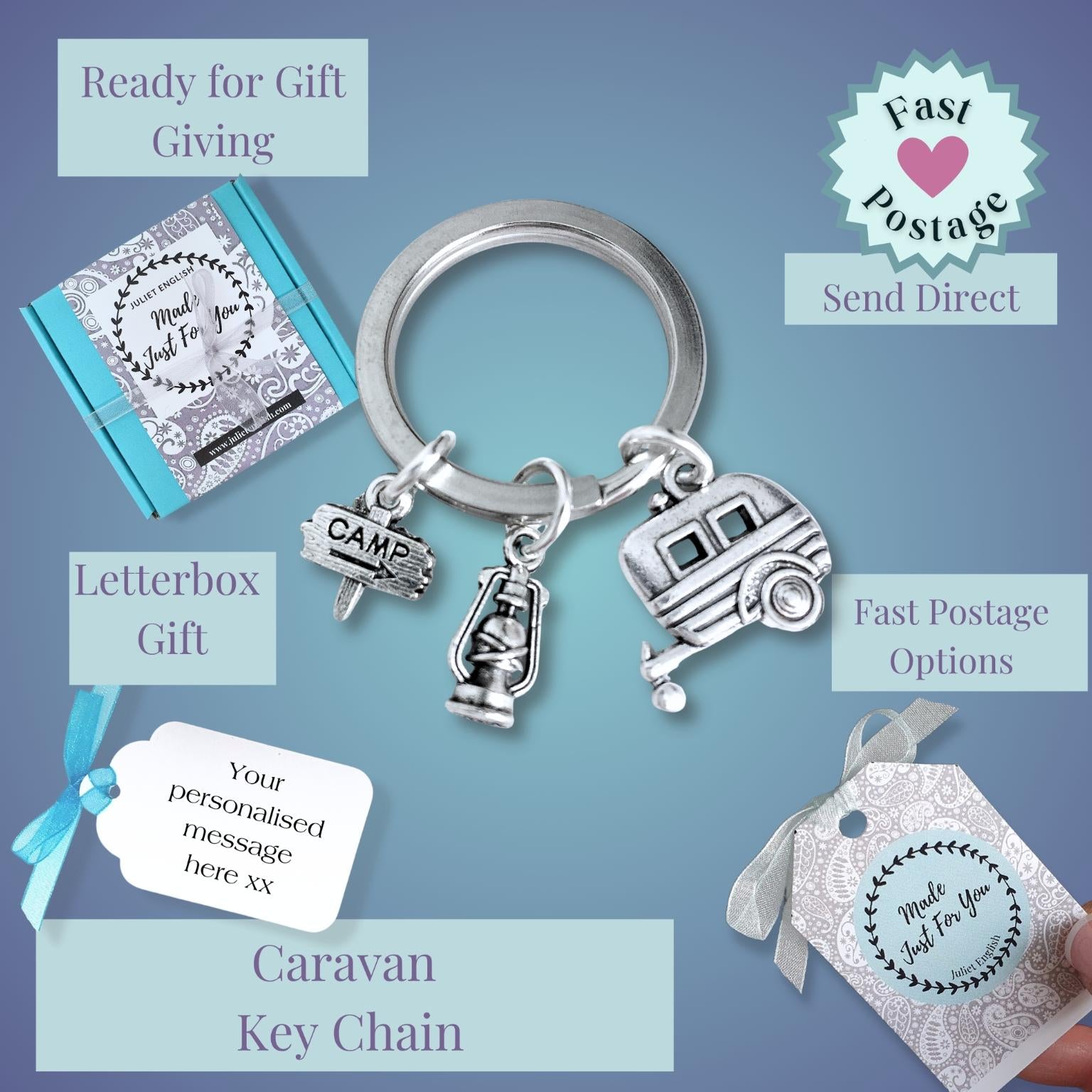 Caravan keychain with charms on a blue background