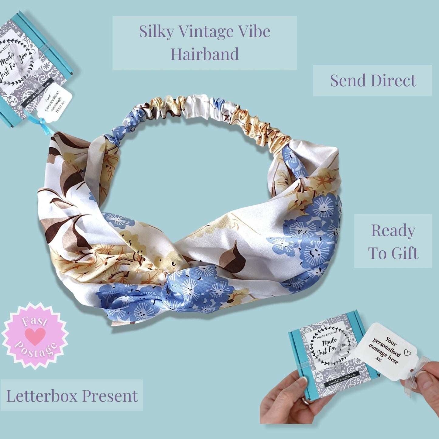 A silk-like vintage pattern hairband with a knotted bow, shown on a light blue background with text labels and small inset photos of a packaged letterbox present and hands holding the packaged item.