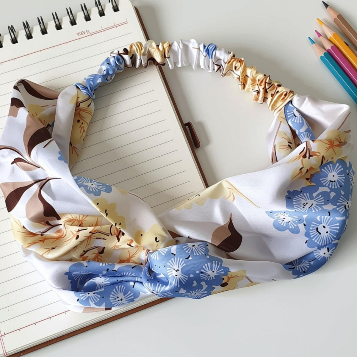 A fabric headband with a twisted front knot, featuring a blue, brown, and beige floral pattern on a white background. The headband is styled on a white surface next to an open spiral notebook and colored pencils.