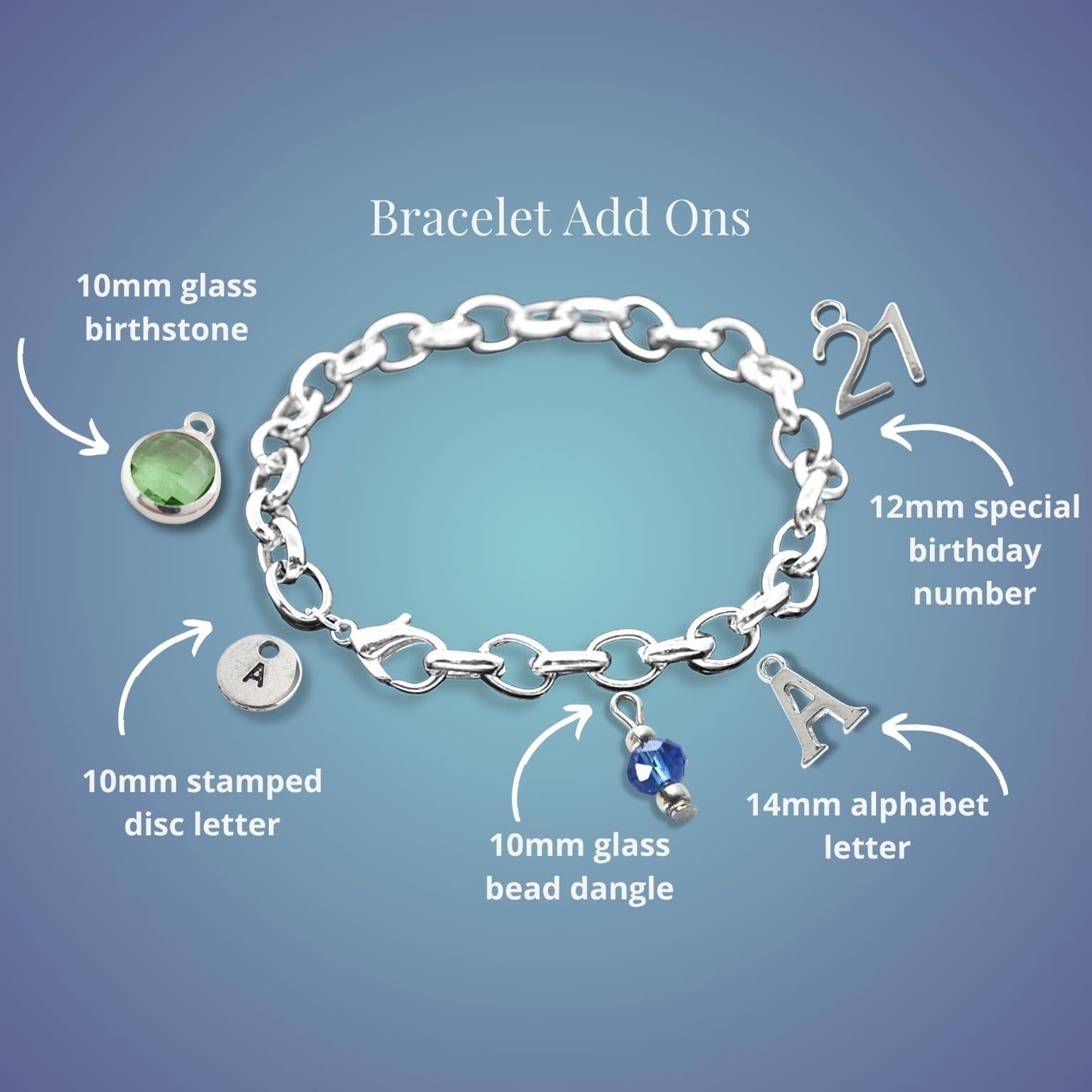 Silver bracelet with customizable charms shown on a blue gradient background with text labels pointing to each charm type: 10mm glass birthstone, 10mm stamped disc letter, 10mm glass bead dangle, 12mm special birthday number, 14mm alphabet letter, and 12mm special number charm.