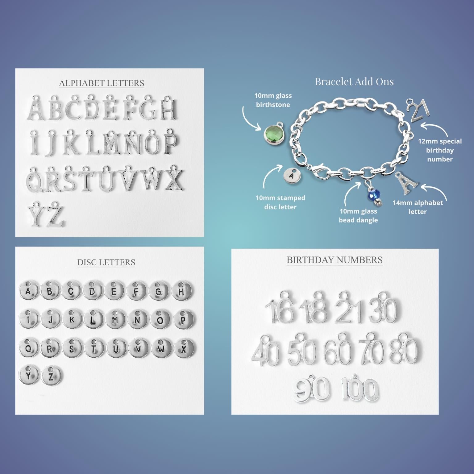 Four white panels on a blue gradient background showing jewelry-making charms: alphabet letters, disc letters, birthday numbers, and a bracelet with labeled charms.