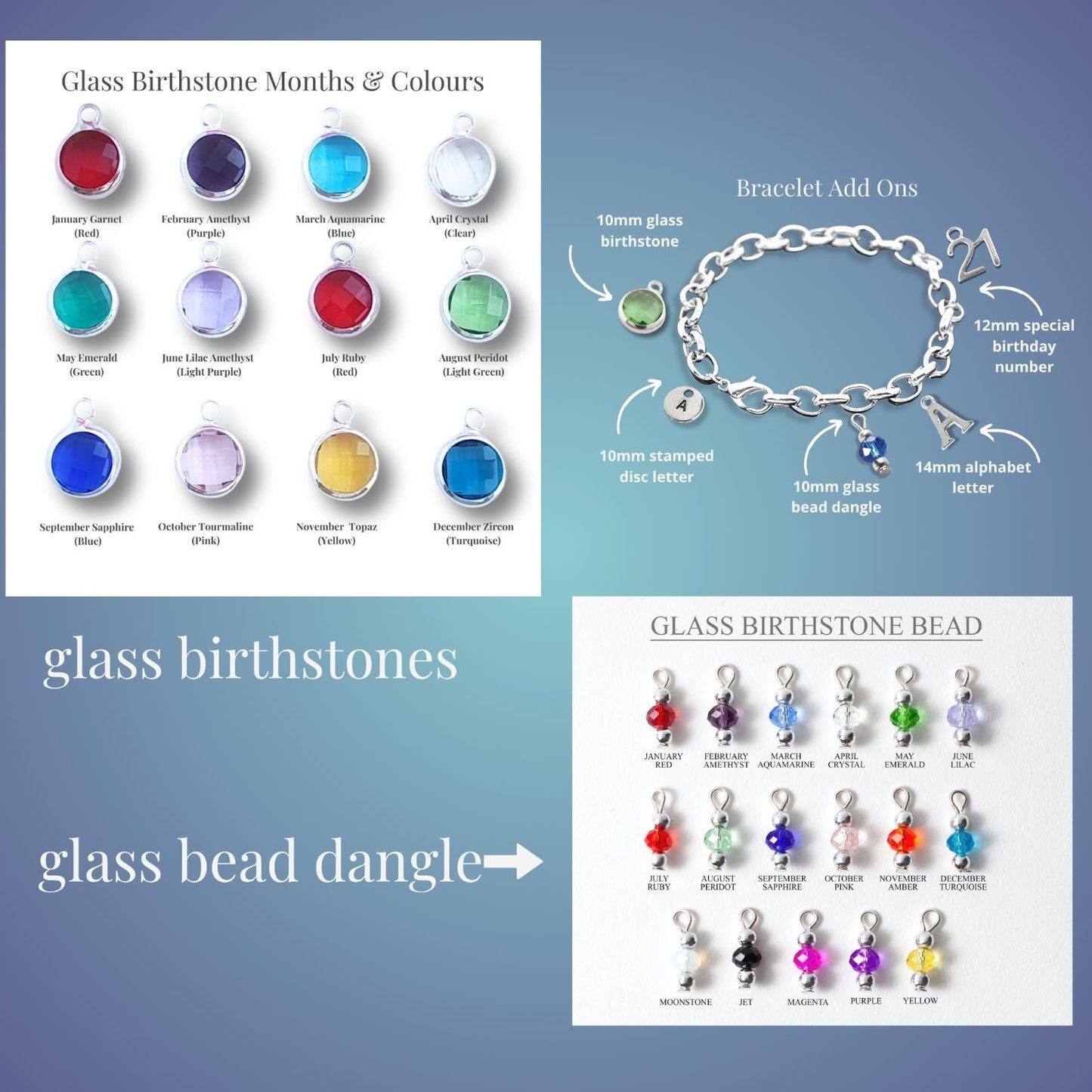 An informational collage about glass birthstones and bead dangles on a blue gradient background. It includes a chart of glass birthstone months and colors, a bracelet with labeled charms, and a grid of glass bead dangle options.
