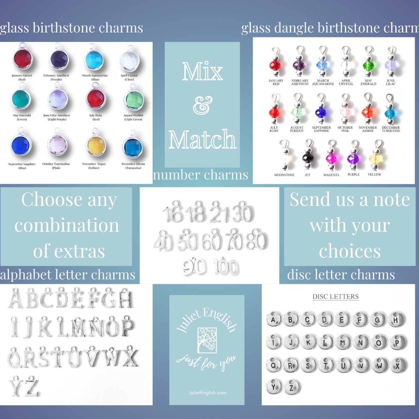 A promotional collage for glass birthstone charms and matching number charms, showing sample cards with color options, alphabet letters, numbers, and instructions on how to send a note with choices, all on a blue-gray background.