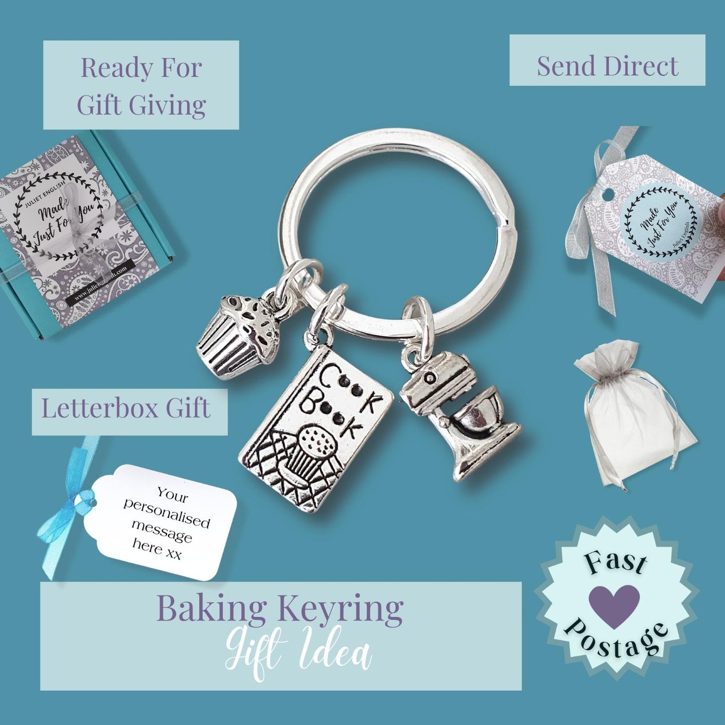 A silver baking keyring charm set displayed on a teal background with promotional text overlays. The keyring includes charms shaped like a cupcake, a book labeled 'Cook Book', and a mixing bowl.
