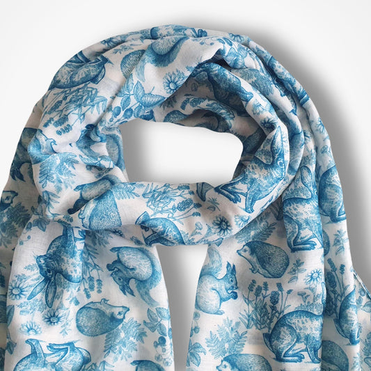 Blue and white patterned scarf on a white background