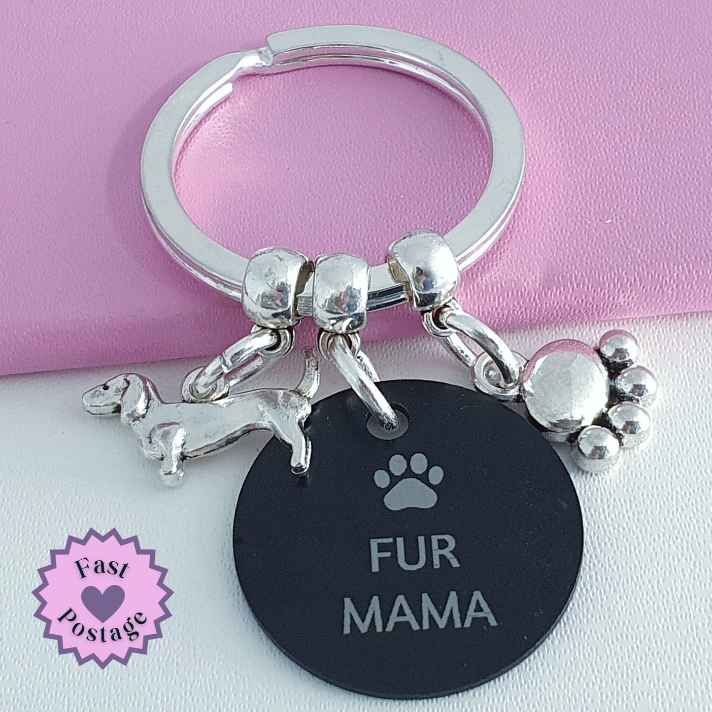 Engraved 'Fur Mama' Dachshund Keyring - Silver