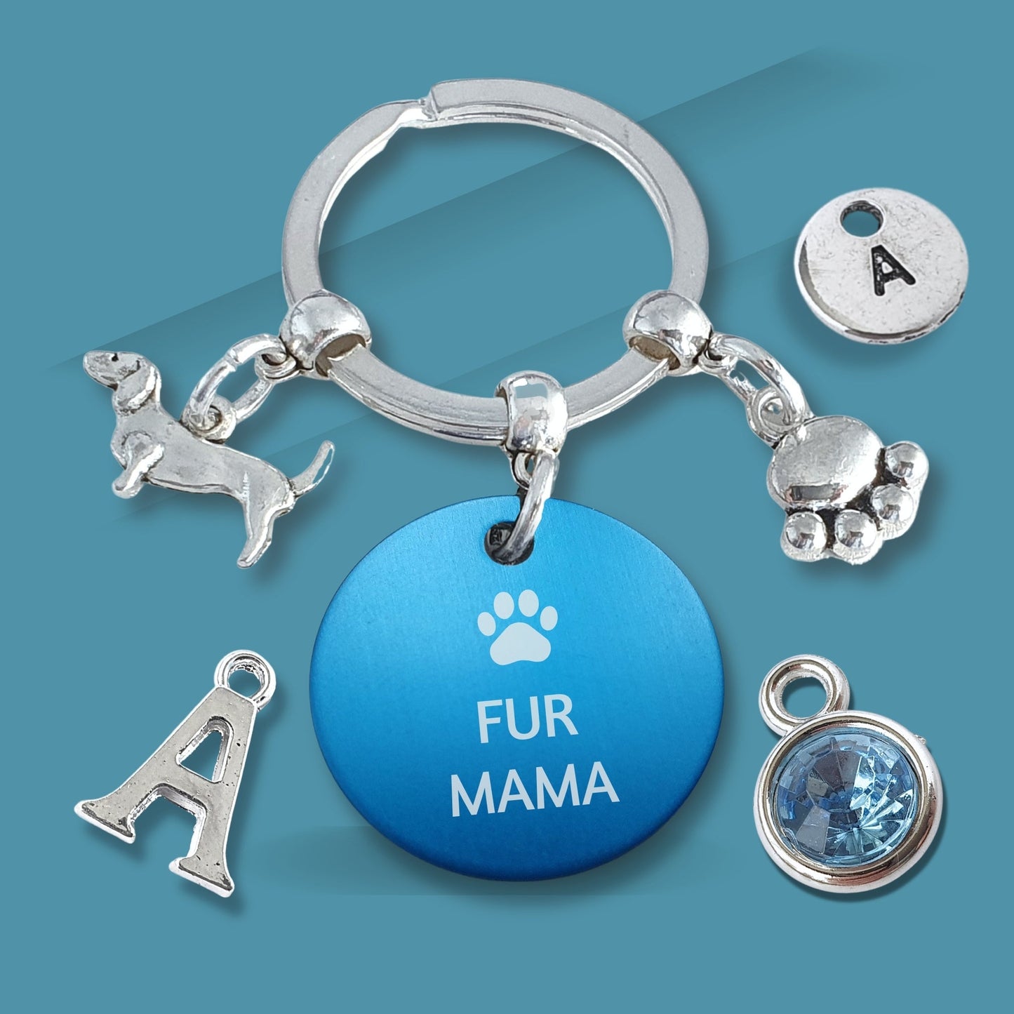 Engraved 'Fur Mama' Dachshund Keyring - Silver