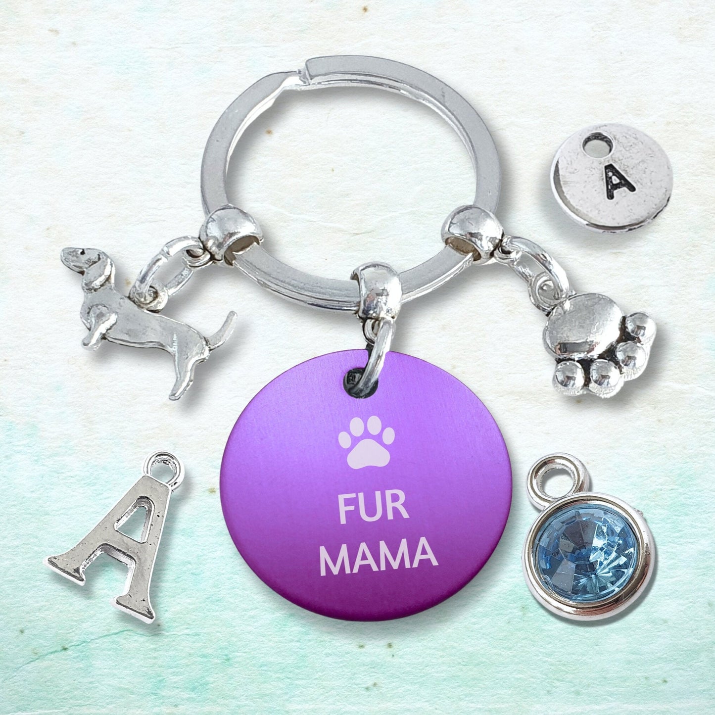 Engraved 'Fur Mama' Dachshund Keyring - Silver