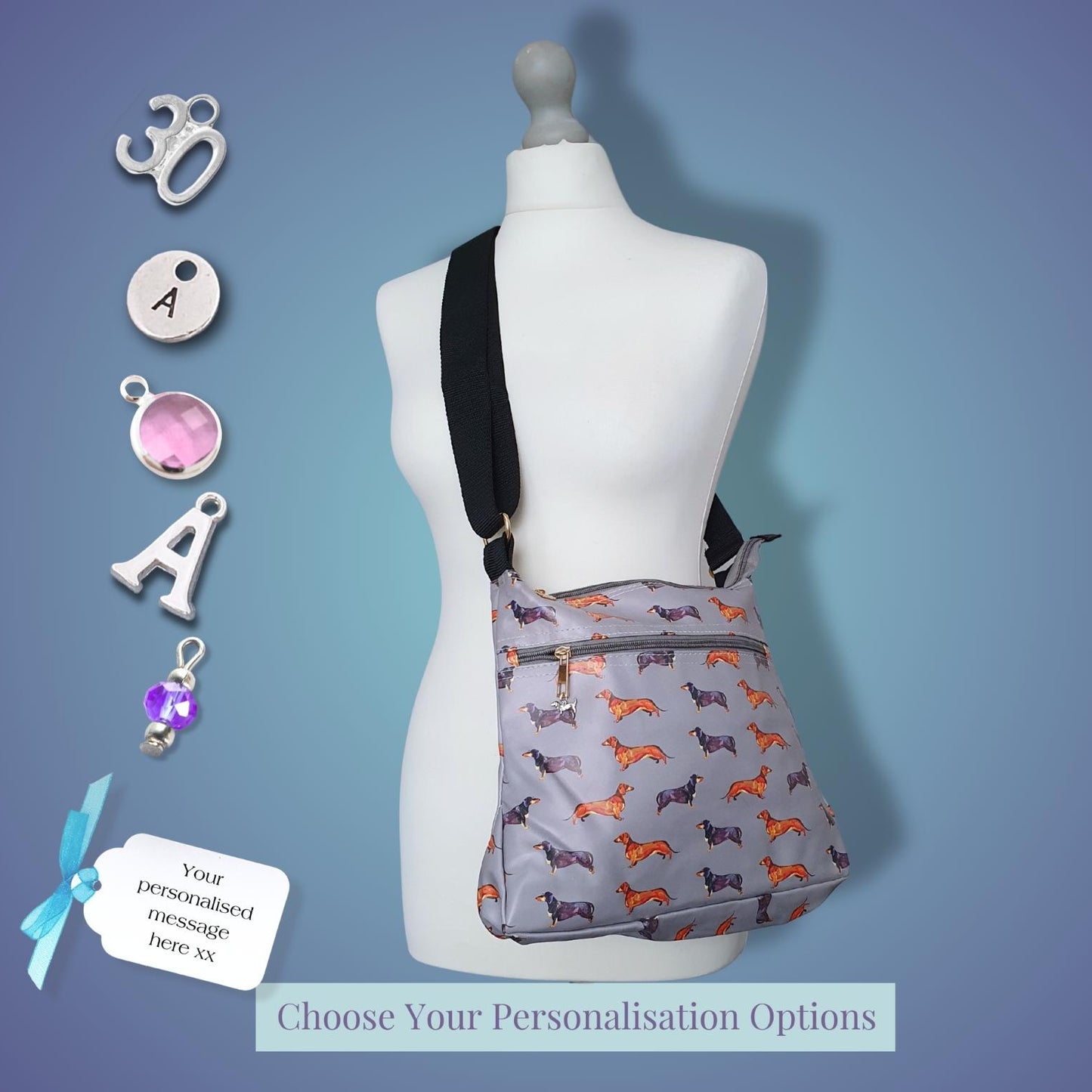 A personalized crossbody bag with a grey base and an orange and black dog pattern, displayed on a white mannequin torso. The bag has a black strap and is shown against a blue gradient background with customization options on the left and a text banner at the bottom.