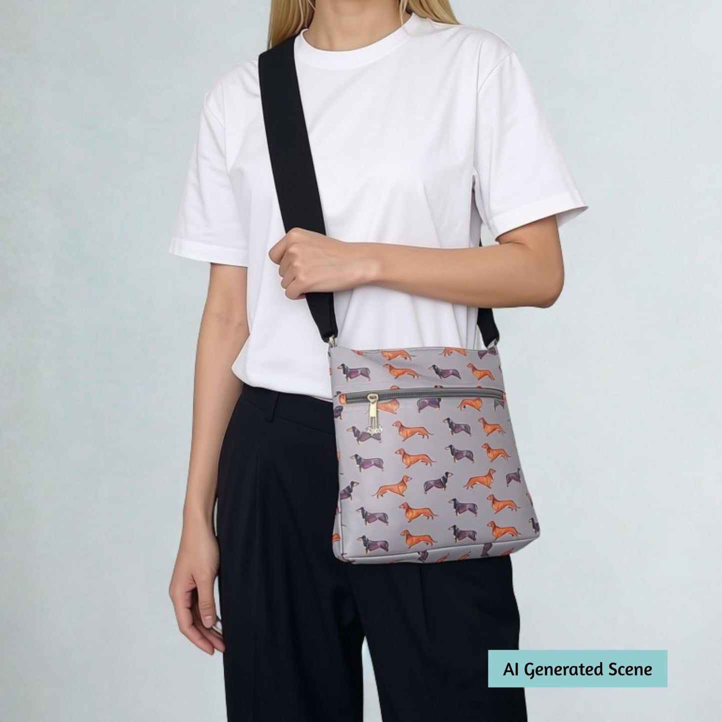 A person wearing a white t-shirt and dark pants carries a gray crossbody bag with a black strap and an allover pattern of small orange, brown, and grey dachshund dogs. The image has a light grey background.
