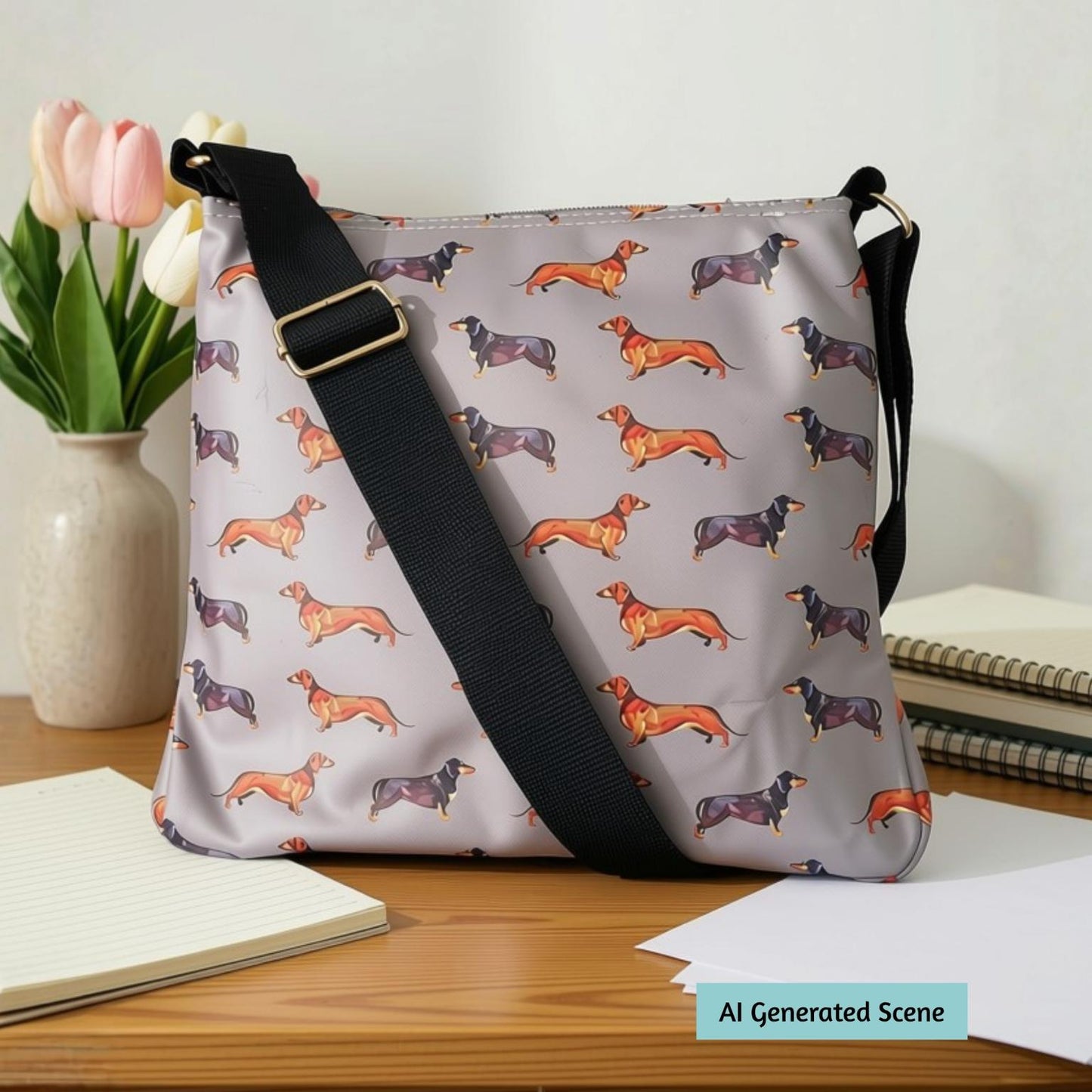 A light gray shoulder bag with a dachshund dog pattern, featuring a black adjustable strap and gold buckle, displayed on a wooden desk with notebooks and a vase of tulips.