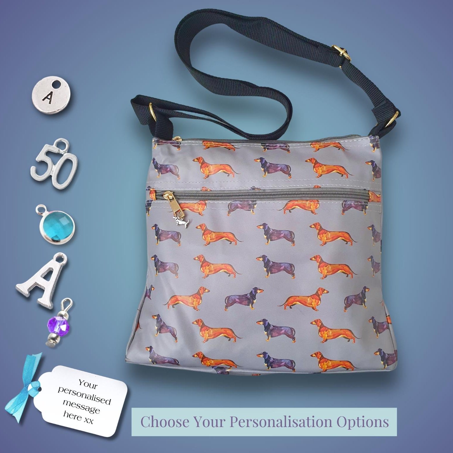A personalized crossbody bag with a repeating pattern of orange and brown dachshunds on a light gray background, shown alongside customization options like charms and a text label on a blue gradient background.