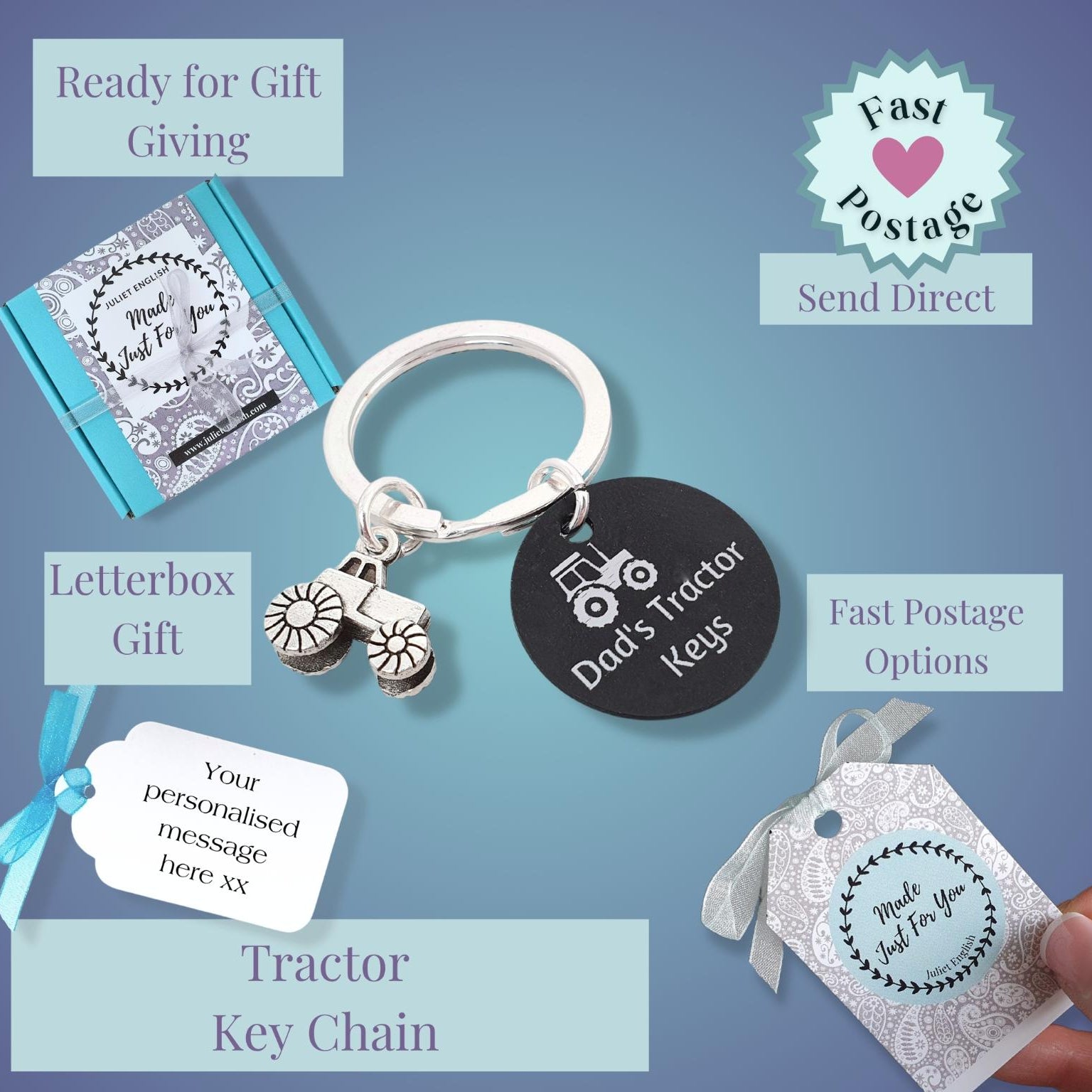 Personalized tractor keychain gift set with a black round tag reading 'Dad's tractor keys', silver keyring, small tractor charm, and matching gift tags, shown on a blue gradient background with promotional text callouts and a hand holding one tag.
