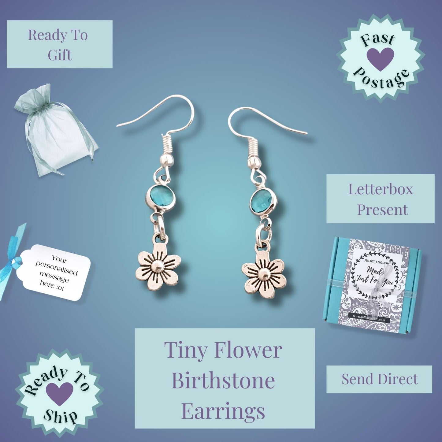 Tiny flower birthstone earrings on a purple background with gift wrapping elements.